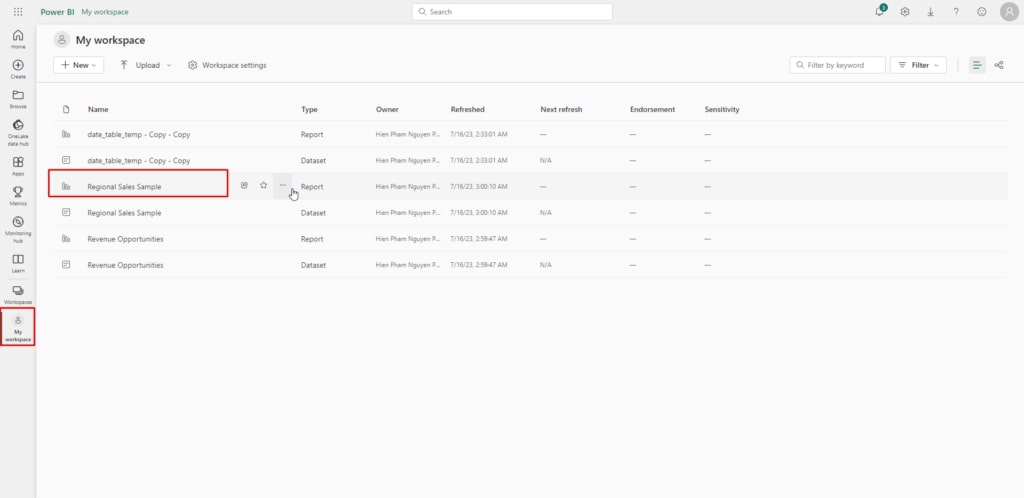 power bi my workspace